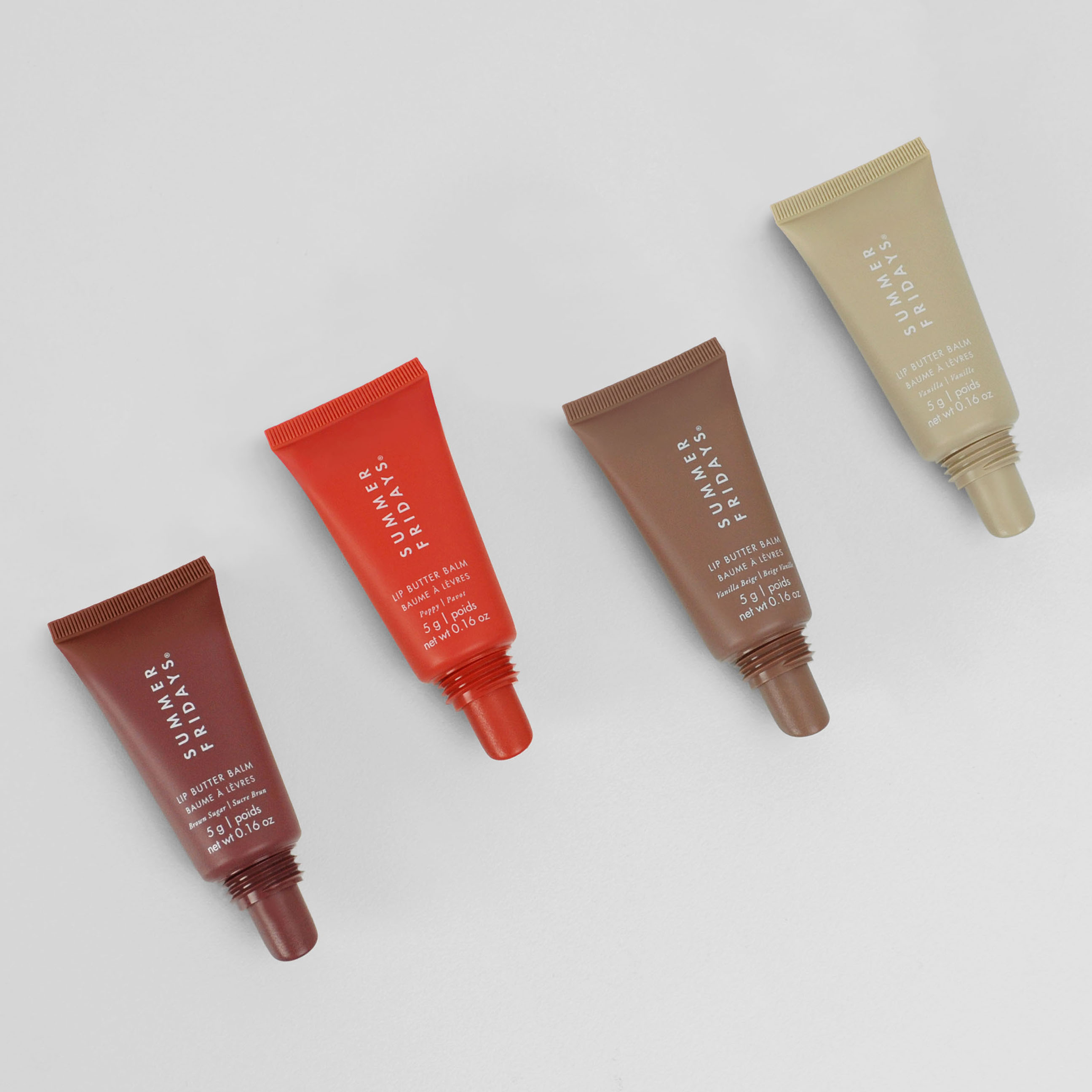 Summer Fridays Lip Butter Balms in 0.75-inch lip gloss tubes.